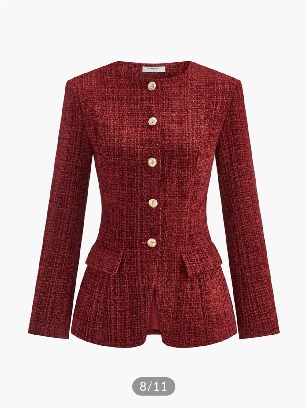 Commense Burgundy Button Down Slit Tweed Blazer - Picture 5 of 11
